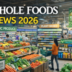 Whole Foods grocery store with fresh produce, shoppers, and sustainable