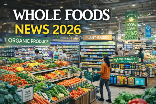 Whole Foods grocery store with fresh produce, shoppers, and sustainable