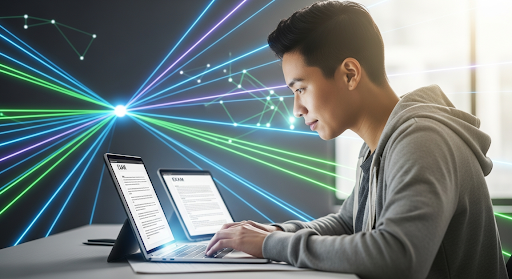 A student focused on a tablet, taking an online test, with a stylized digital network pattern behind them, showing the integration of technology and education.